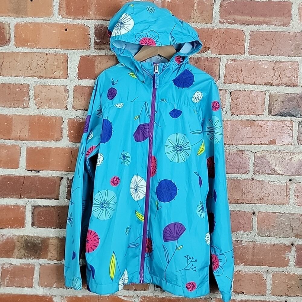 Lands' End Kids Packable Blue‎ Floral Lightweight Windbreaker Jacket M 10-12